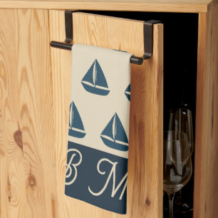 navy blue sailboat & Monogram Beige Coastal home Tea Towel