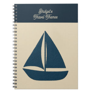 navy blue sailboat with Beige name Coastal travel  Notebook