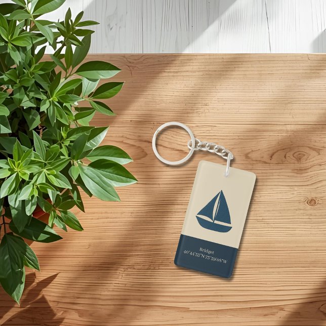 navy blue sailboat with Name and Coordinates Key Ring (Creator Uploaded)