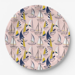 Navy Blue Sailboats Paper Plate