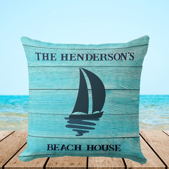 Navy Blue Sailing Boat Family Name Beach House Cushion (Creator Uploaded)