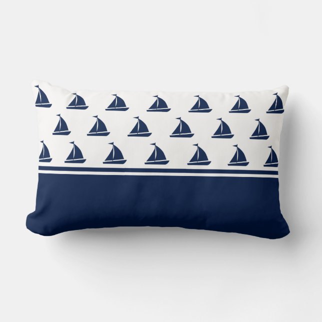 Navy Blue Sailing Boats Nautical Lumbar Pillow (Front)