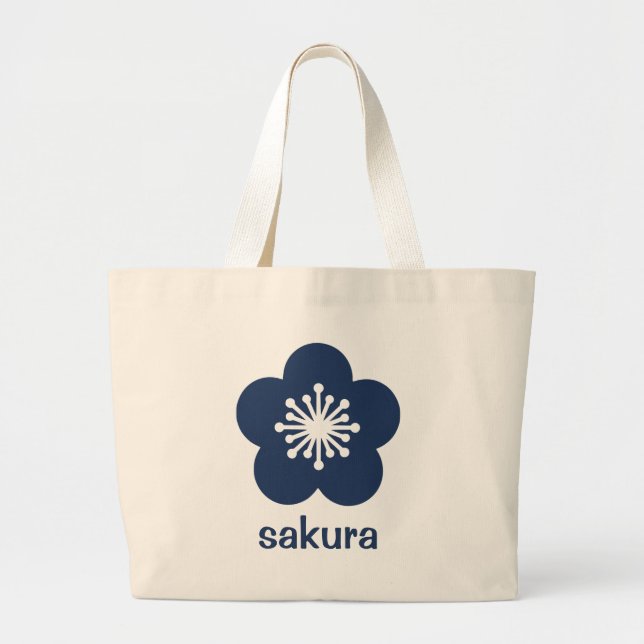 Navy Blue Sakura Blossom Silhouette Large Tote Bag (Front)