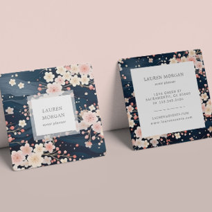 Navy Blue Sakura Flowers Square Business Card