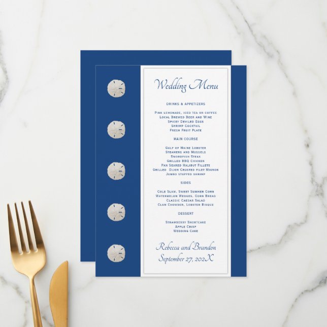 Navy Blue Sand Dollars Wedding Menu Template (Front/Back In Situ)