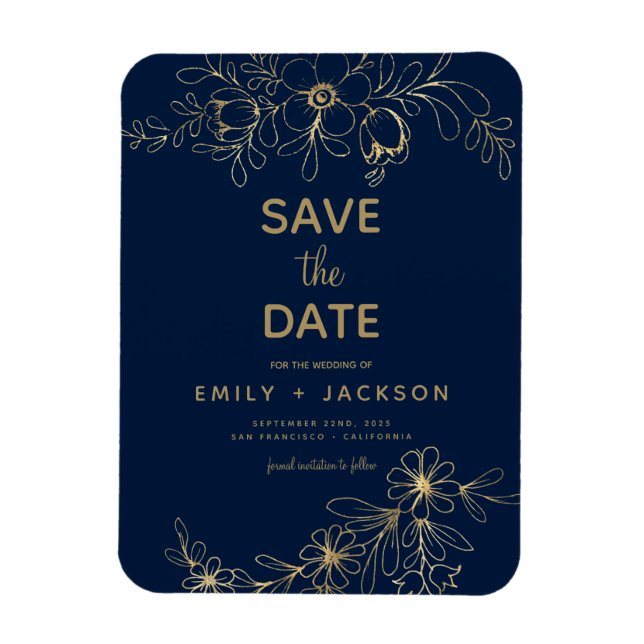 Navy Blue Save the Date Floral Gold Foil Magnet (Vertical)