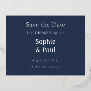 Navy Blue Save the Date Foil Invitation Postcard