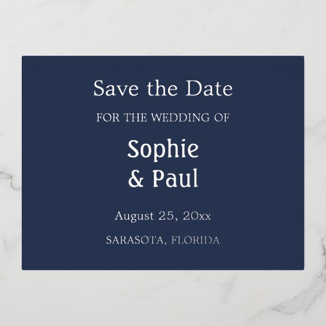 Navy Blue Save the Date Foil Invitation Postcard (Front)
