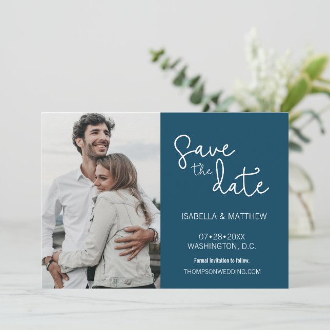 Navy Blue Save the Date Typography Custom Photo (Standing Front)