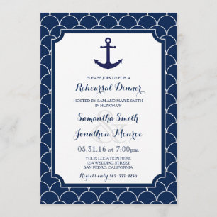 Navy Blue Scallop Nautical Rehearsal Dinner Invitation
