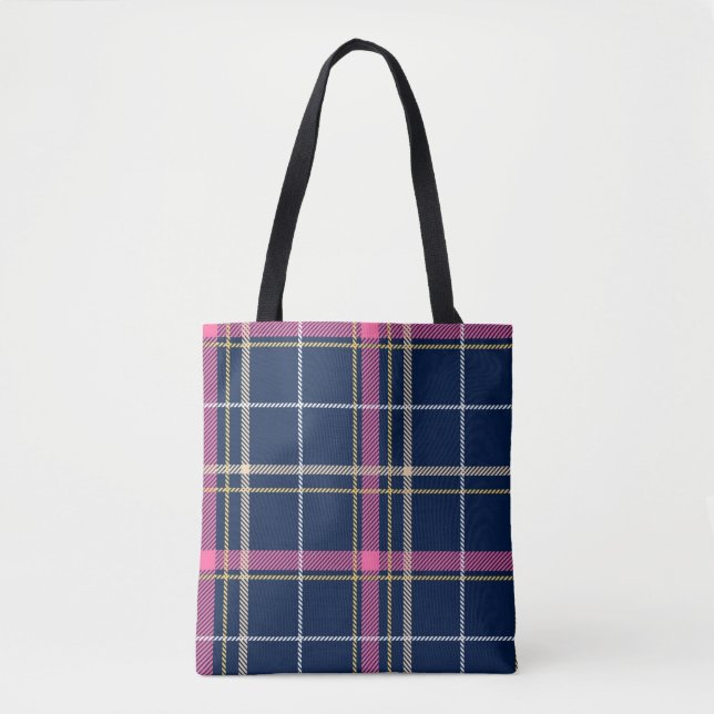 Navy Blue Scottish Tartan Plaid Pink White Stripe Tote Bag (Front)