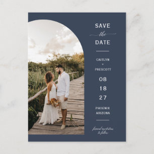 Navy Blue Script Arch Photo QR Code Save the Date Postcard