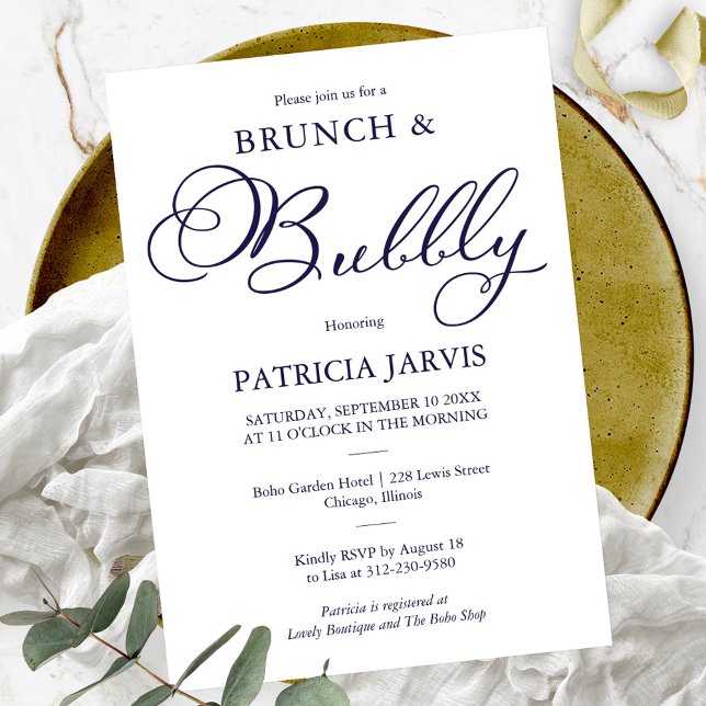 Navy Blue Script Brunch And Bubbly Bridal Shower Invitation (Creator Uploaded)