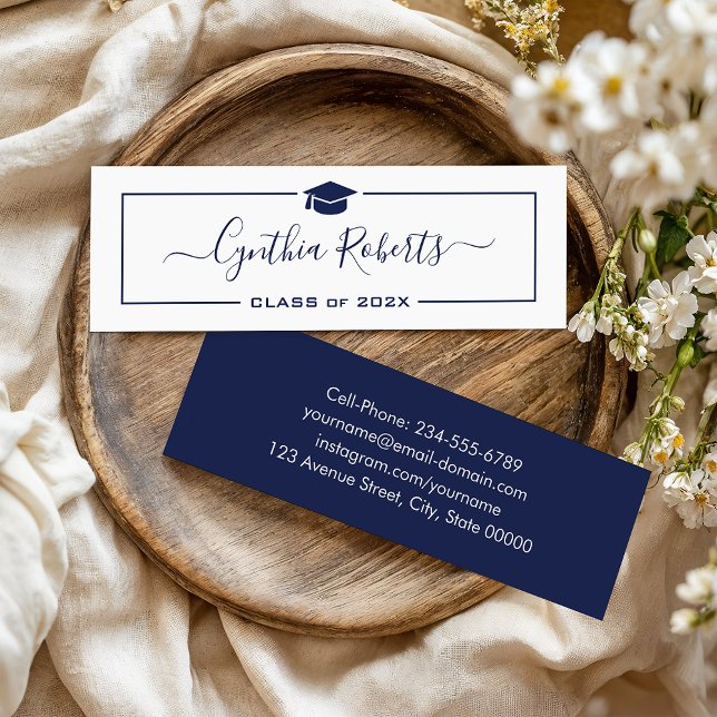 Navy Blue Script Classy Graduate Graduation Mini Business Card (Creator Uploaded)