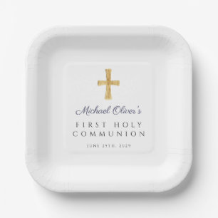 Navy Blue Script Cross Boy First Communion Paper Plate