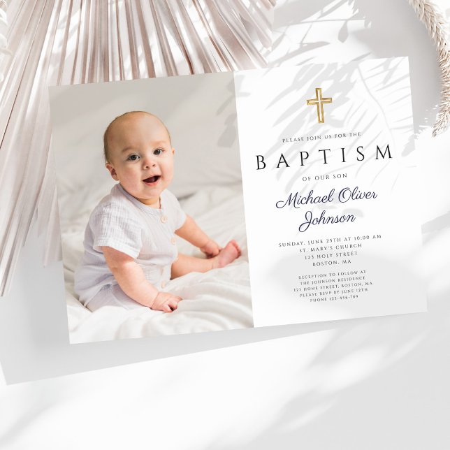 Navy Blue Script Cross Boy Photo Baptism Invitation (Navy Blue Script Cross Boy Photo Baptism Invitation )