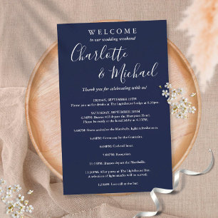 Navy Blue Script Guest Wedding Weekend Program