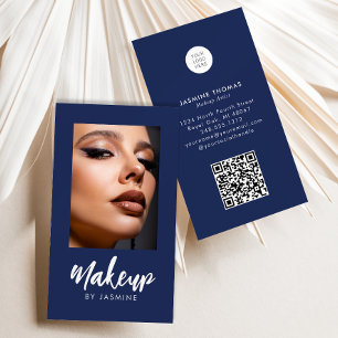 Navy Blue Script Logo QR Code Photo Makeup Business Card