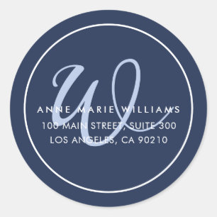 Navy Blue Script Monogram Return Address Classic Round Sticker
