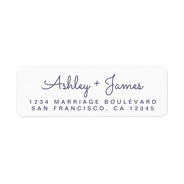 Navy Blue Script Names Wedding Return Address (Front)