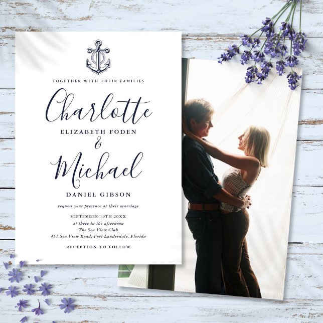 Navy Blue Script Nautical Anchor Photo Wedding Invitation (Navy Blue Script Nautical Anchor Photo Wedding Invitation)