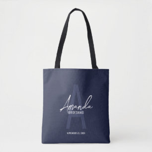Navy Blue Script Personalised Bridesmaid's Name Tote Bag