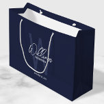 Navy Blue Script Personalised Groomsmen Large Gift Bag<br><div class="desc">Modern Minimalist Personalised Monogram and Name Gifts This design features personalised name in white modern handwriting script font style and monogram in light navy blue modern sans serif font style as background, with wedding details in white modern sans serif font style, on navy blue background. Also perfect for best man,...</div>