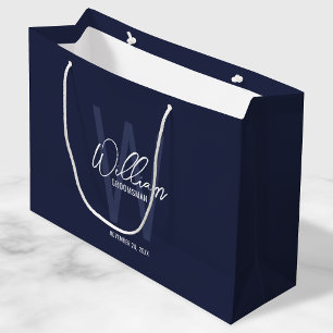Navy Blue Script Personalised Groomsmen Large Gift Bag