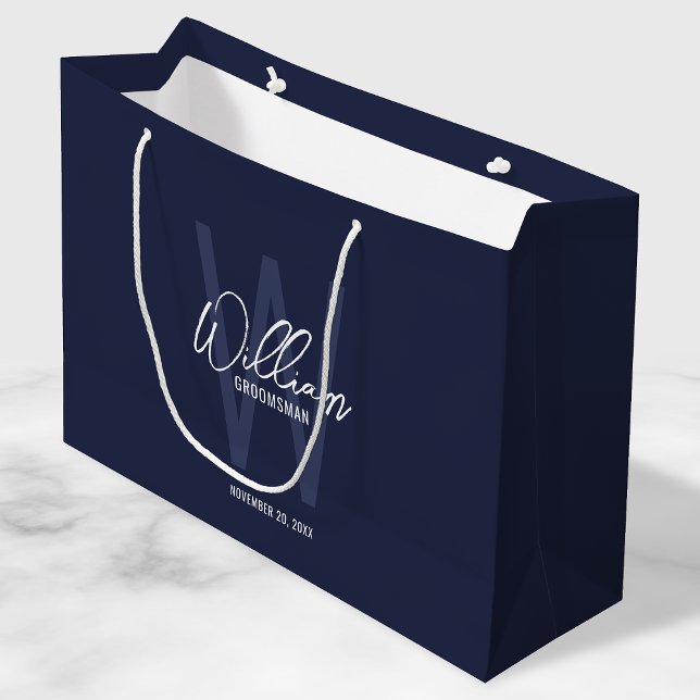Navy Blue Script Personalised Groomsmen Large Gift Bag (Creator Uploaded)