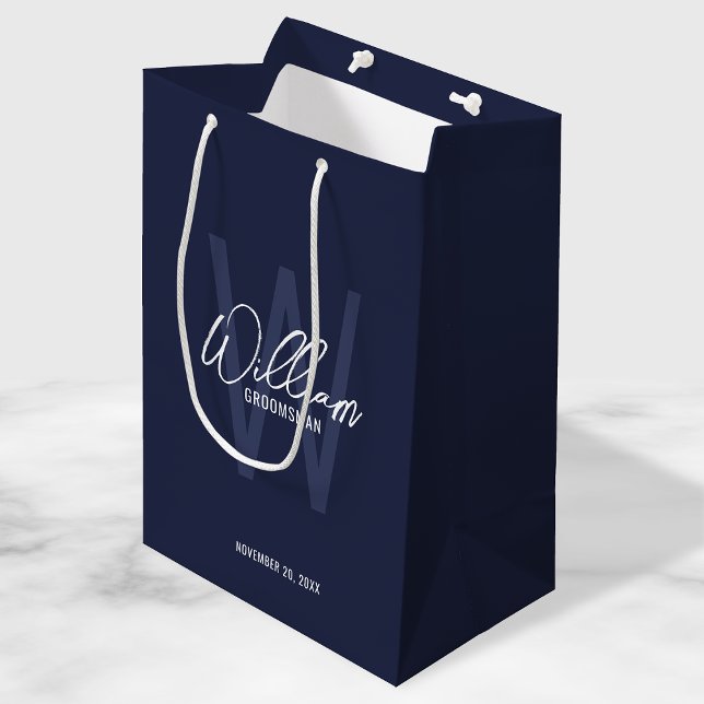 Navy Blue Script Personalised Groomsmen Medium Gift Bag (Creator Uploaded)