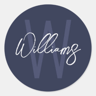 Navy Blue Script Personalised Monogram and Name Classic Round Sticker