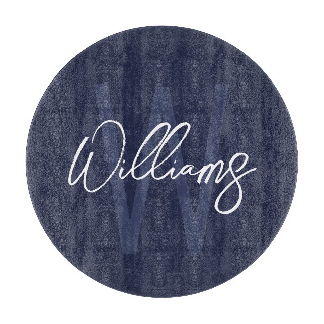 Navy Blue Script Personalised Monogram and Name Cutting Board (Front)