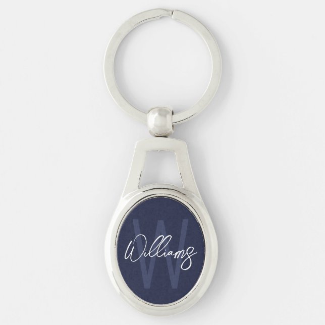 Navy Blue Script Personalised Monogram and Name Key Ring (Front)