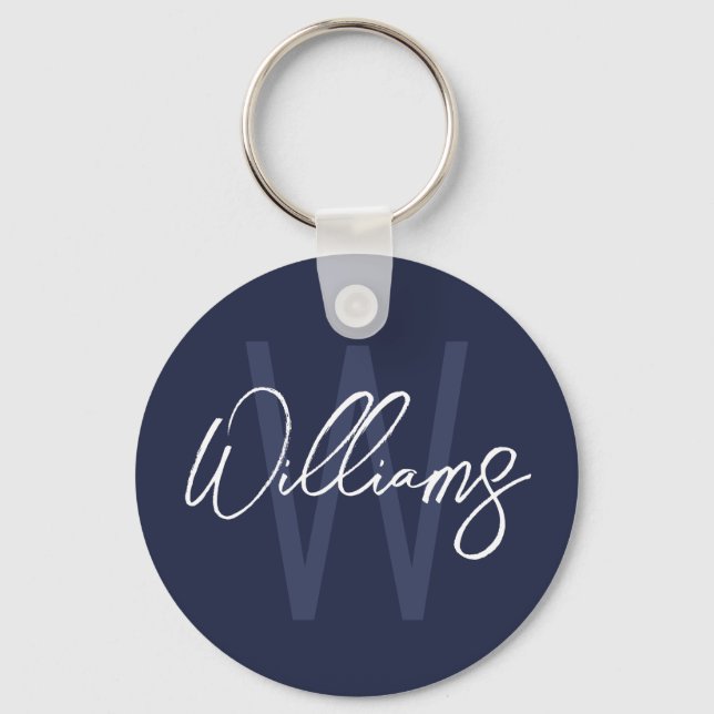 Navy Blue Script Personalised Monogram and Name Key Ring (Front)
