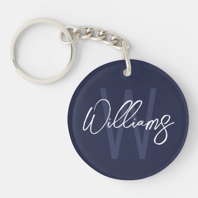 Navy Blue Script Personalised Monogram and Name Key Ring (Front)