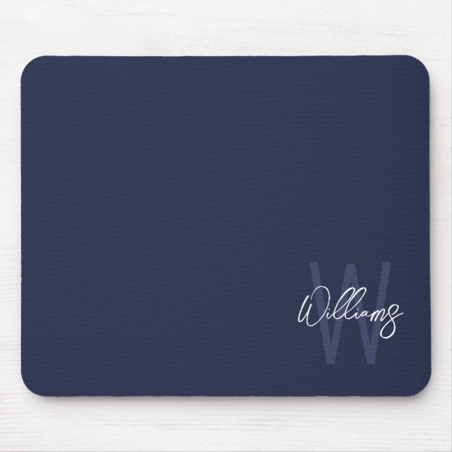 Navy Blue Script Personalised Monogram and Name Mouse Mat (Front)