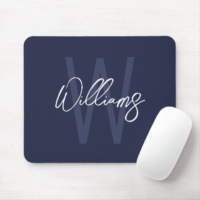Navy Blue Script Personalised Monogram and Name Mouse Mat (With Mouse)