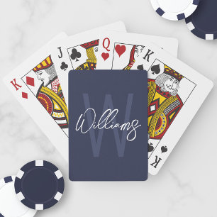 Navy Blue Script Personalised Monogram and Name Playing Cards