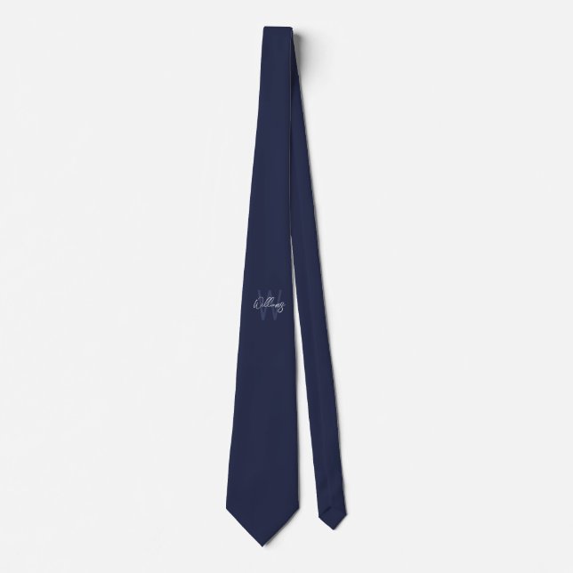 Navy Blue Script Personalised Monogram and Name Tie (Front)
