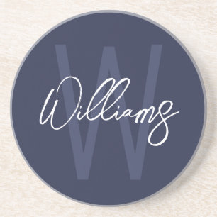 Navy Blue Script Personalized Monogram and Name Coaster