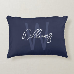 Navy Blue Script Personalized Monogram and Name Decorative Cushion