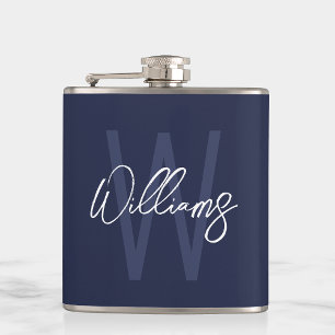 Navy Blue Script Personalized Monogram and Name Hip Flask