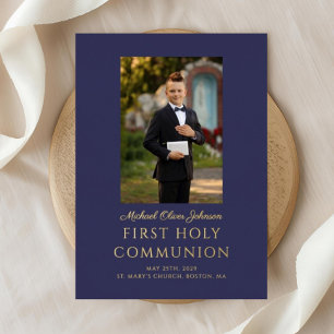 Navy Blue Script Photo Boy First Holy Communion