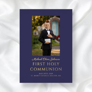 Navy Blue Script Photo Boy First Holy Communion