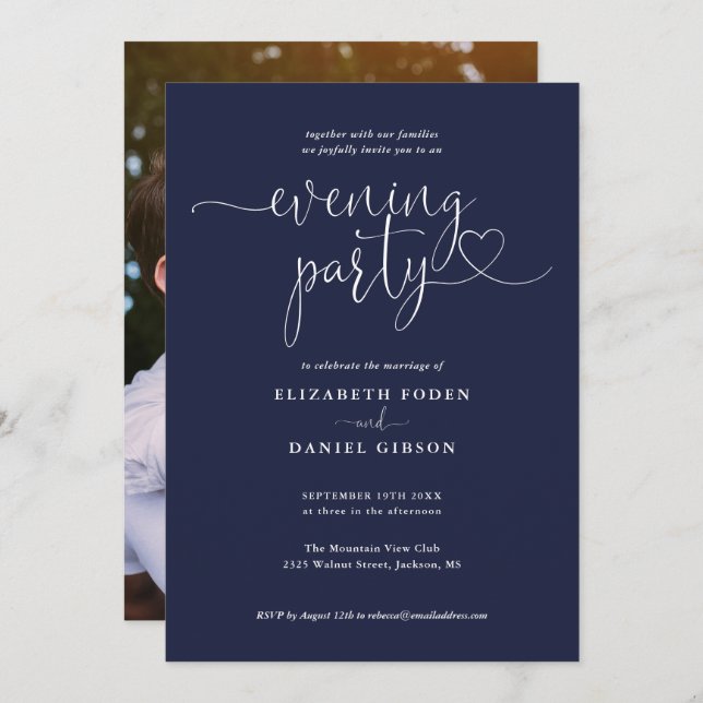 Navy Blue Script Photo Wedding Evening Party Invitation (Front/Back)