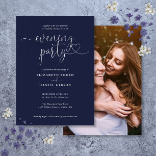 Navy Blue Script Photo Wedding Evening Party Invitation