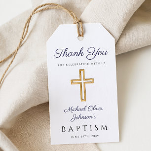 Navy Blue Script Religious Cross Boy Baptism Gift Tags