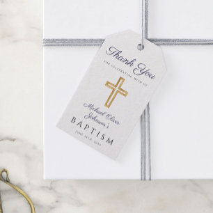 Navy Blue Script Religious Cross Boy Baptism Gift Tags