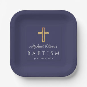 Navy Blue Script Religious Cross Boy Baptism Paper Plate