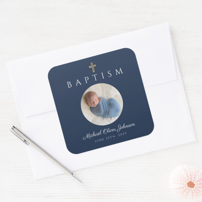 Navy Blue Script Religious Cross Boy Baptism Photo Square Sticker (Envelope)